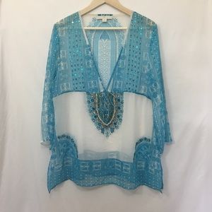 Boston Proper sheer beaded tunic blue and white lg